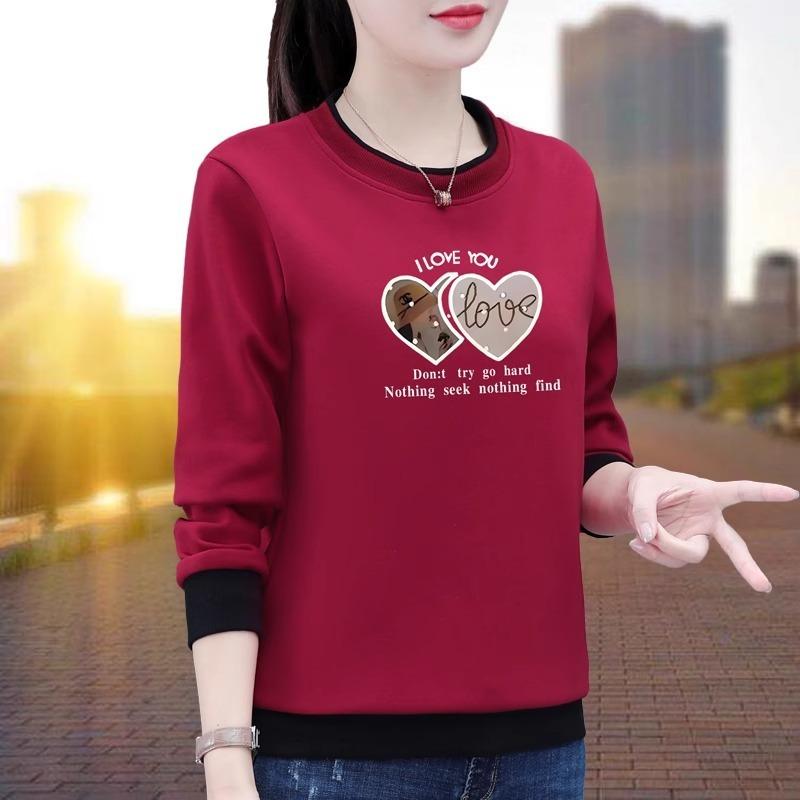 Women's Crewneck Sweatshirt Spring and Autumn Style Middle-aged Long-sleeved Loose Love Base Shirt Top