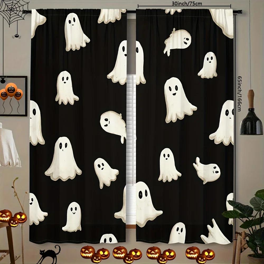 

Set Of 2 Halloween Gothic Style Printed Curtains Pole Bag Home Decorations Room Made Polyester W100*H70(CM)-Grommet top&1PCS