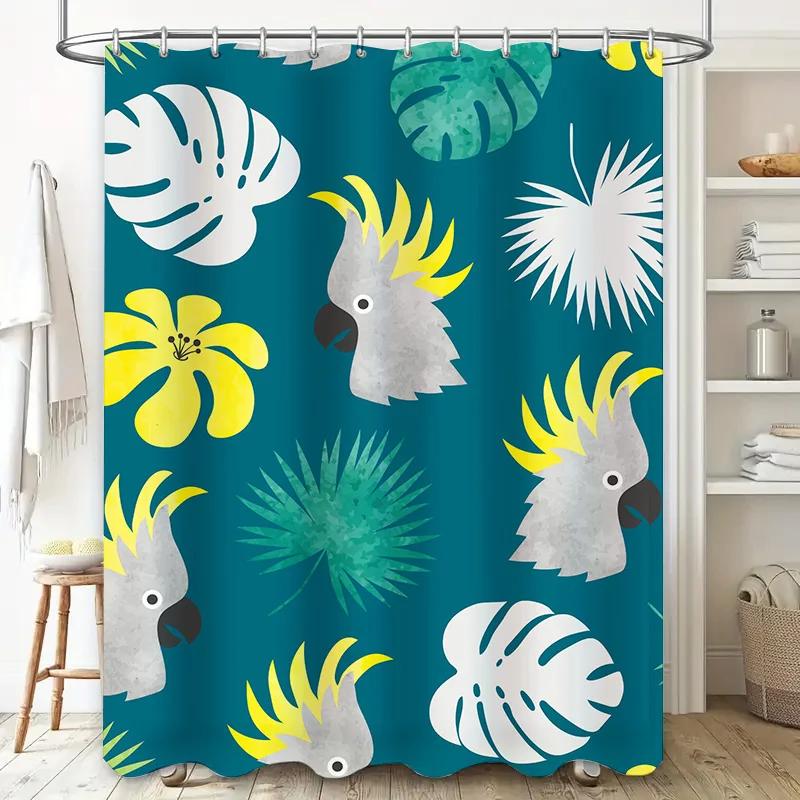 

Waterproof bathroom decor, vibrant shower curtain with tropical leaves and exotic birds design, perfect for home decoration in W90xH180cm