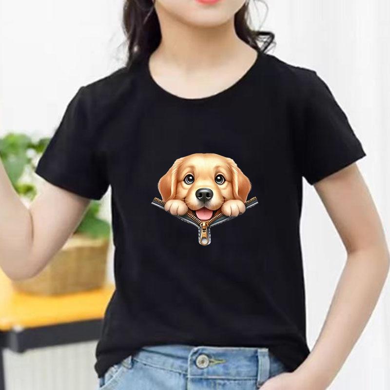 Kids Cotton T Shirt Cute Golden Retriever Zipper Print Crew Neck Short Sleeve Tee Casual Boys Girls Summer Tops
