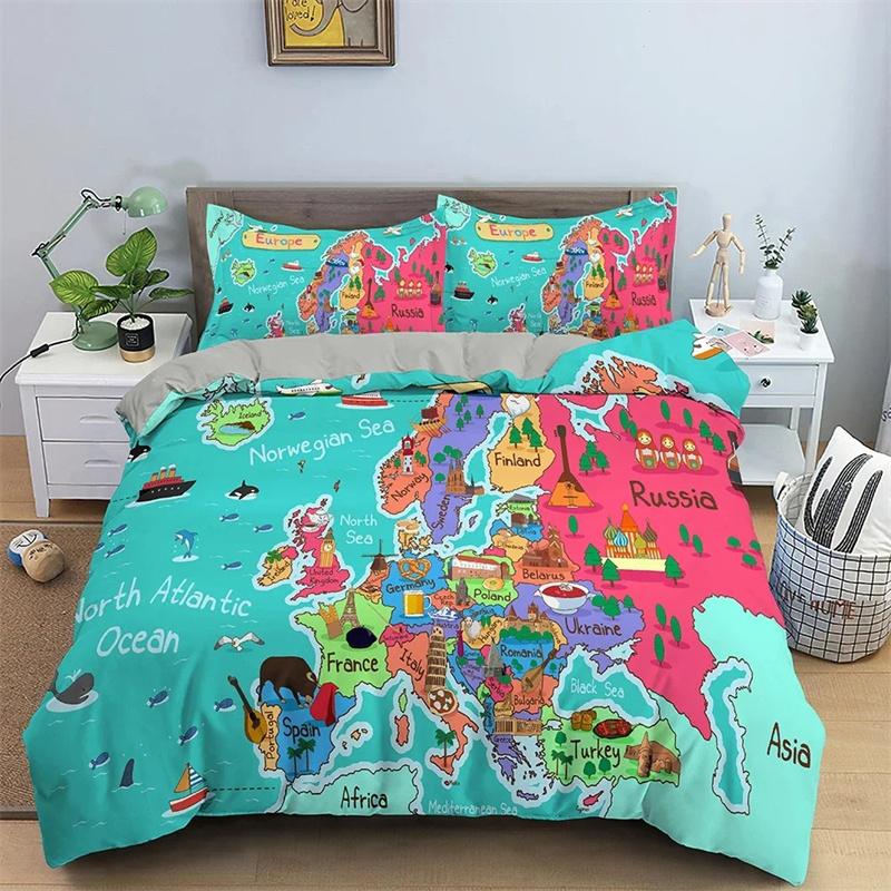 

3D Print Map Pattern Bedding Set,Duvet Cover Comforter Bed Set Quilt Cover Pillowcase,King Queen Twin Size Boys Girls Adults 135x200cm 2pcs