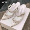 Fashion Couture! French Pointed Flat Sandal Rhinestone Goddess Fan Niche Design Sense High Heel Half Drag