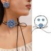 Collier Chaîne Corde à Lacets Tissu Jean Bleu Collier Ras-du-cou Fleur Ensemble Boucles d'Oreilles pour Femmes Bijoux de Mode Cadeau