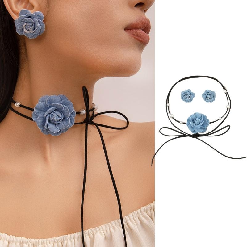 Collier Chaîne Corde à Lacets Tissu Jean Bleu Collier Ras-du-cou Fleur Ensemble Boucles d'Oreilles pour Femmes Bijoux de Mode Cadeau