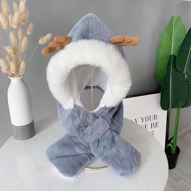 Unisex Kids Deer Antler Hat Scarf 2 In 1 Set Winter Thickened Windproof Thermal Cap Neck Warmer Baby Toddler Gift