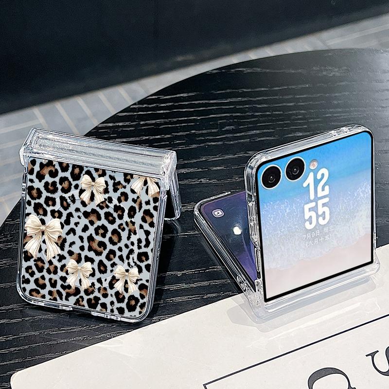 Bowknots Leopard Print Case For Samsung Z Flip 8 7 FE 6 5 Magnetic Clear Hard PC Folding Phone Cover For Galaxy Z Flip8 Flip7 Flip6