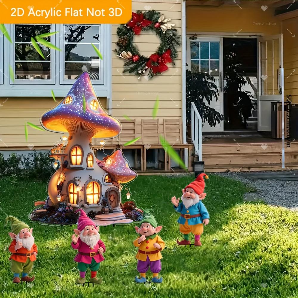 2D Flat 5-piece Fairy Gnome and Dream Mushroom House Acrylic Garden Decoration, Suitable for Gardens, Lawns, Potted Gardens, Perfect Holiday Gifts