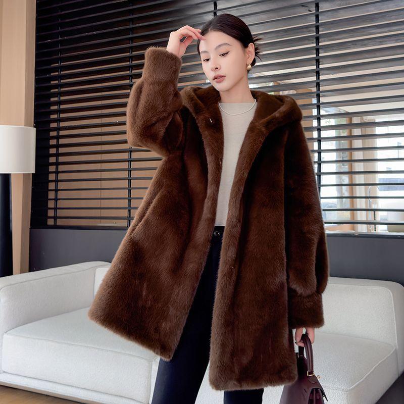 Women's Winter Fur Coat Mid-Length Thickened Eco-Friendly Hooded Fur Coat Faux Mink Fur Coat
