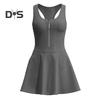 Damen-Sportkleid mit Brustpolstern, ärmellos, Racerback, Fitnesskleid mit Frontreißverschluss, Sicherheitsshorts, Sportbekleidung