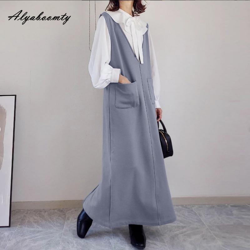 Korean Fashion Spring Autumn Women Midi Sundress Brief V Neck Beige Gray Black Woolen Tank Dress Sleeveless Wool Basic Ladies' Dresses