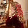 Red And Green Christmas Hair Clips Bows for Women Girls, Snowman Bow Clips, Handmade Elk Printed Bows, Festive Holiday Ribbons with Long Tail,