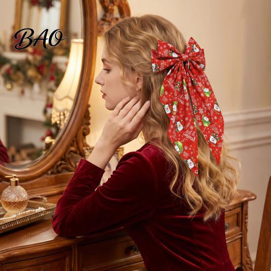 Red And Green Christmas Hair Clips Bows for Women Girls, Snowman Bow Clips, Handmade Elk Printed Bows, Festive Holiday Ribbons with Long Tail,