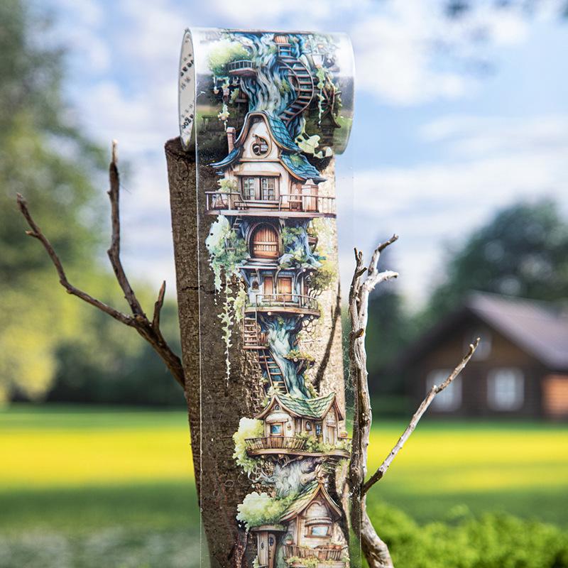 Fantasy Domek na stromě Bezešvá PET páska - Kreativní Chata DIY Samolepky s krajinou