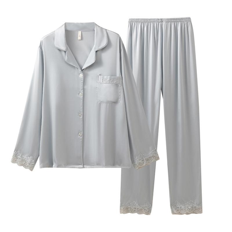 Pajamas Ladies Spring Autumn Summer Simulation Silk Cold Silk Ice Silk Long Sleeve Pants Set Light Luxury Loungewear Loose Edition