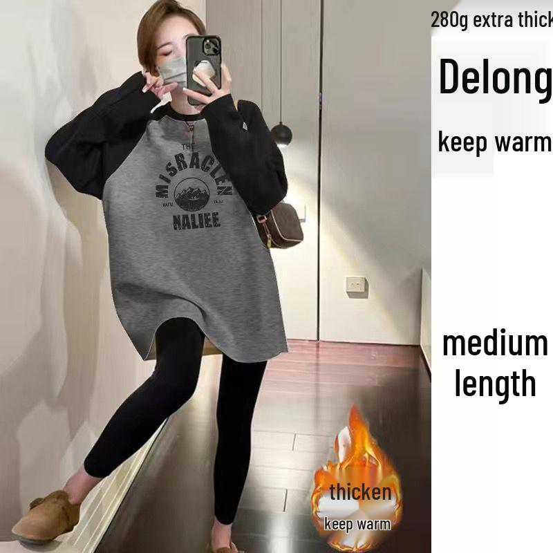 

Women s Autumn & Winter Raglan Sleeve Color Block Brushed Long Sleeve Loose Slimming Mid-Length Base Shirt XL for 125-145 lbs