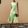 Women's Round Neck Sleeveless Ruffle Dress Summer High Waist Slim A-Line Banquet Cocktail  Dresses