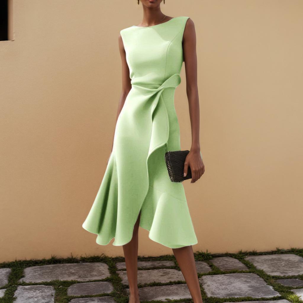 Women's Round Neck Sleeveless Ruffle Dress Summer High Waist Slim A-Line Banquet Cocktail  Dresses