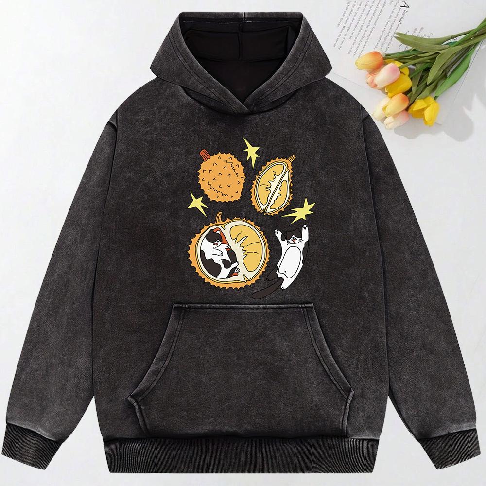 Cartoon Cat Nested In Durian Illustration Print Women Washed Hoodie Fashion Clothing Autumn Cotton Hoodies Hoody