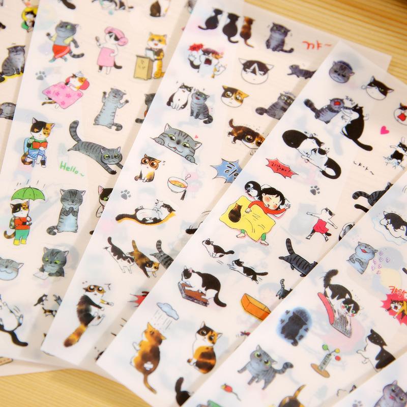 6 Sheets/Set Creative Transparent PVC Stickers Cute Black and White Cat Girls Photo Album Decoration Sticker Children DIY Toy