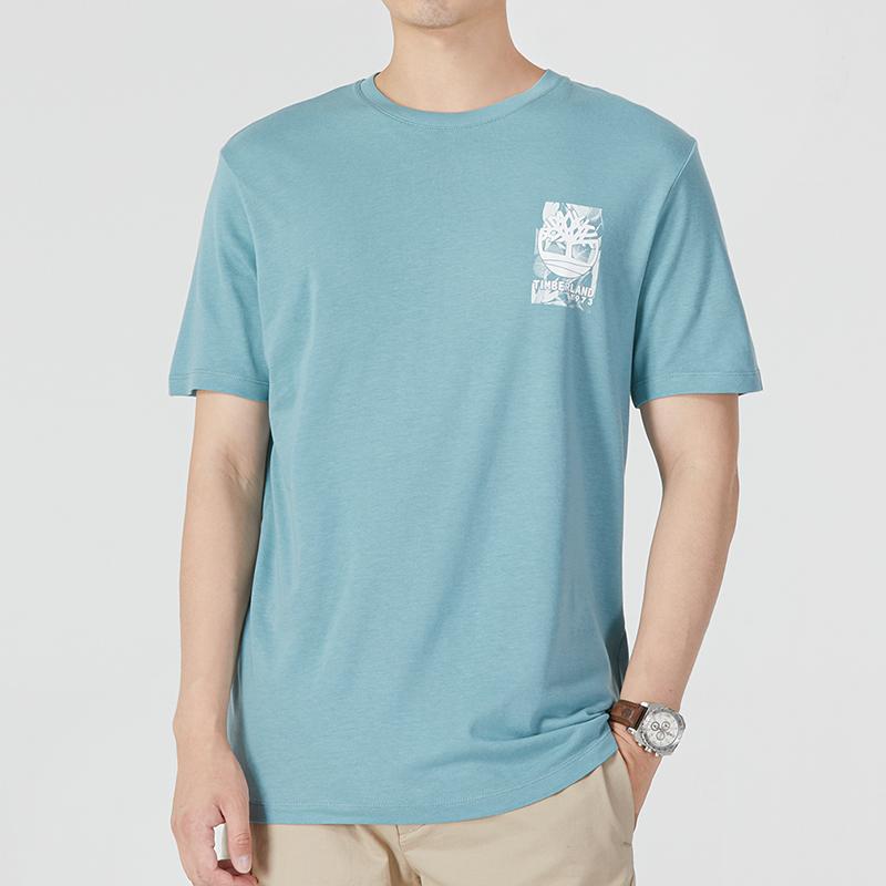 Timberland Logo Plant Print Round Neck American Vintage Dopamine Short Sleeve T-Shirt Men Tops Sky-Blue A62HD-G99