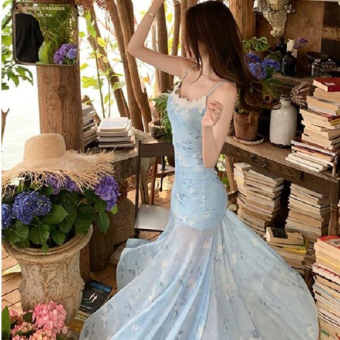 French blue floral suspender dress women's summer seaside vacation beautiful slim pure desire fishtail hip wrap dress
