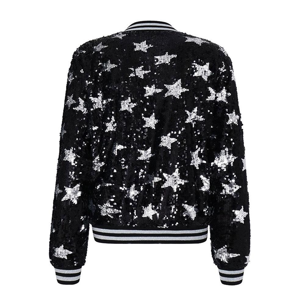 Women's Jacket Autumn Sequin Decorated Stars Silver Embellished Zip Jacket