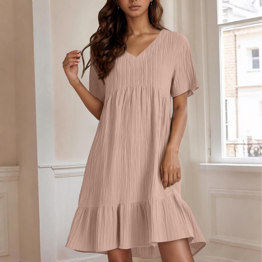 Ladies' Casual And Fashionable Solid Color Dress, Loose Short Sleeved Waist Cinched Dress
