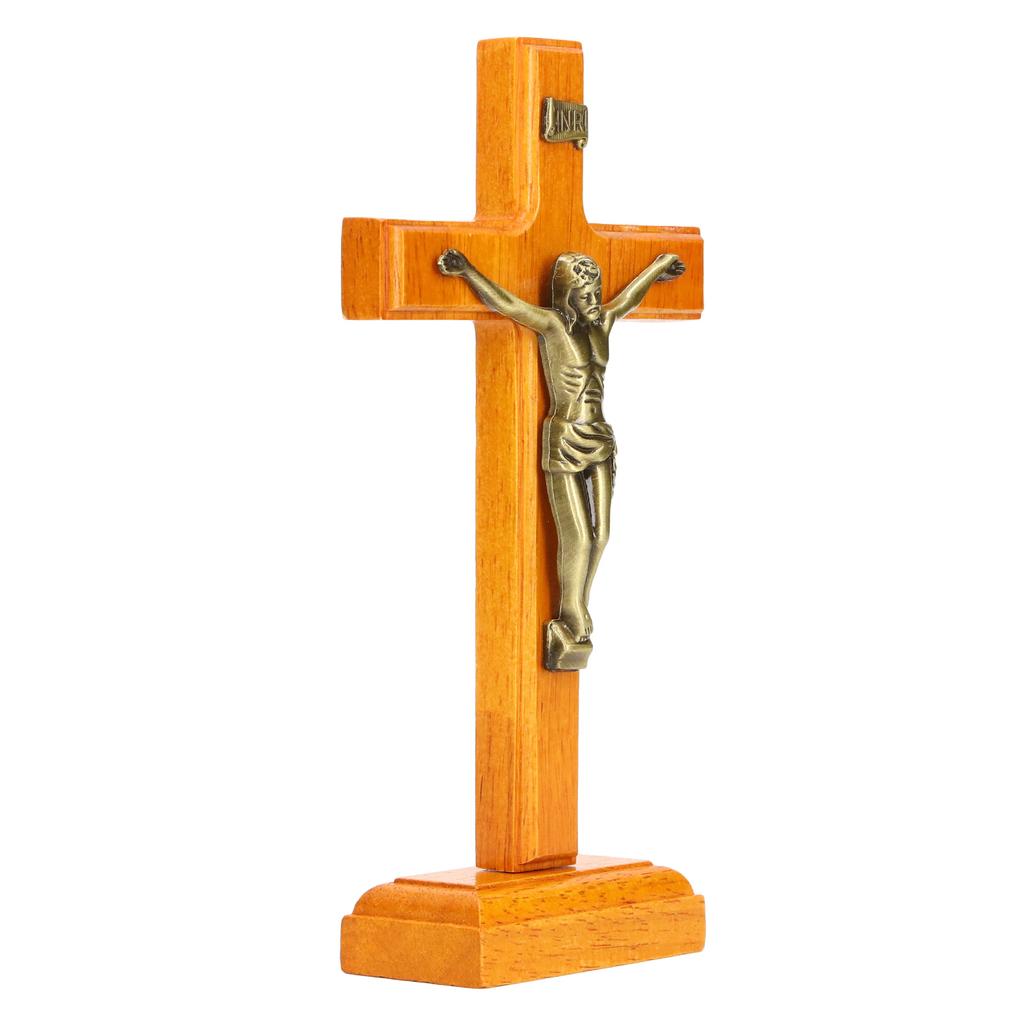 Crucifix Wooden Hand Made Standing Catholic Jesus Crucifix Wall Cross Religious Prayer Display Decoration With Base