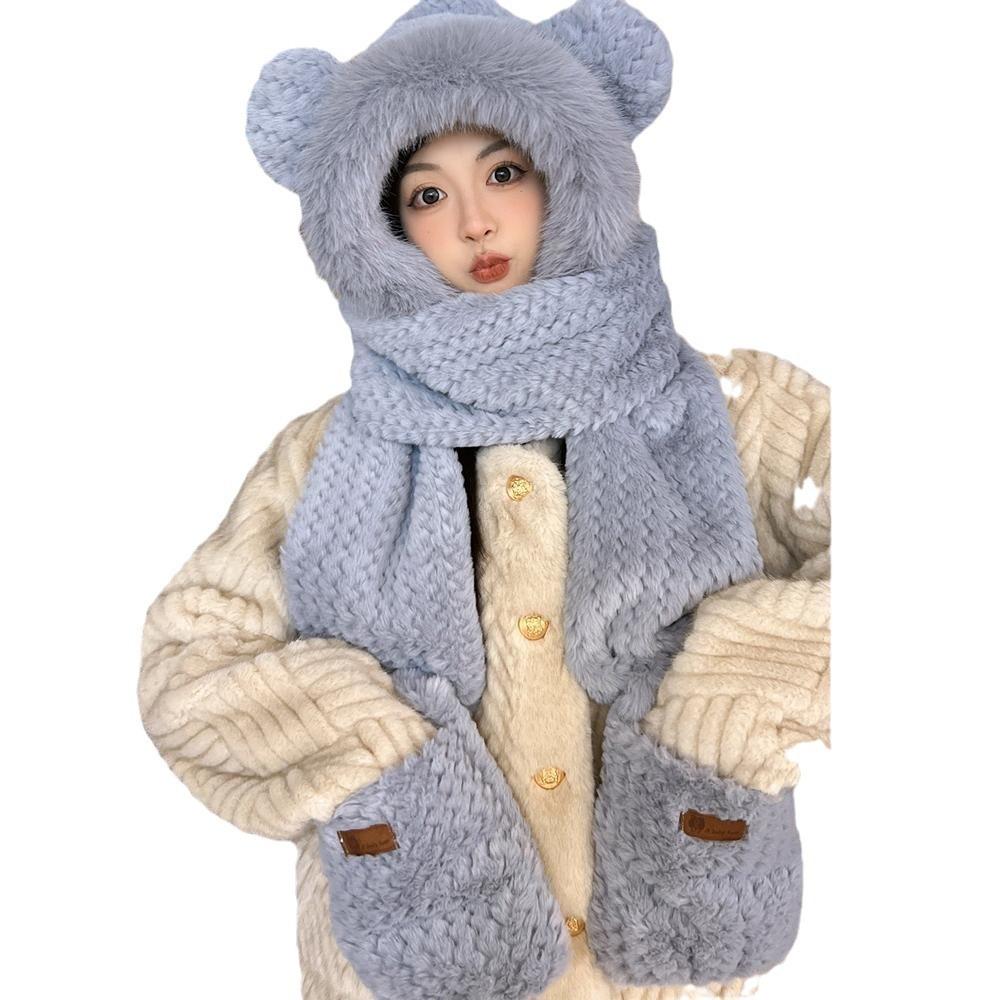 Winter Cute Velvet Warm Protective Hat Cute Bear Hat Women's Warm Hat Scarf Gloves Integrated Hat