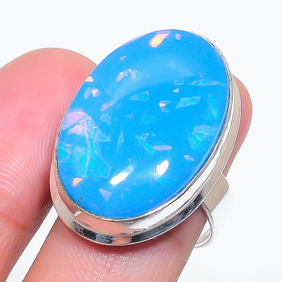 Натуральный голубой тройной опал Драгоценный камень 925 пробы Стерлинговое серебро Ювелирное изделие Размер кольца 8 AR-16668