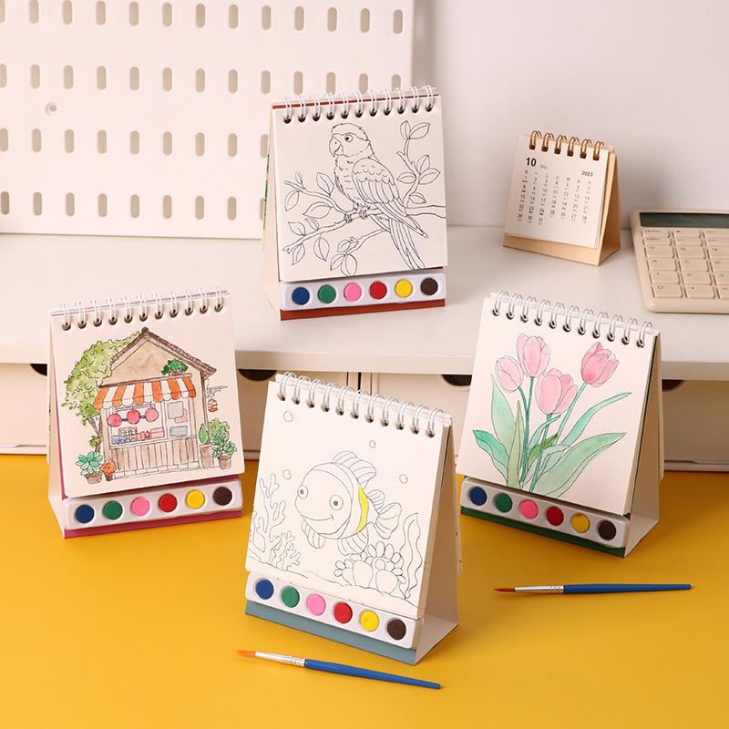 1 Set Desktop Ornament Coil Vertical Watercolor Painting Diy Watercolor Graffiti Book With Built-In Paint Coloring Picture Book