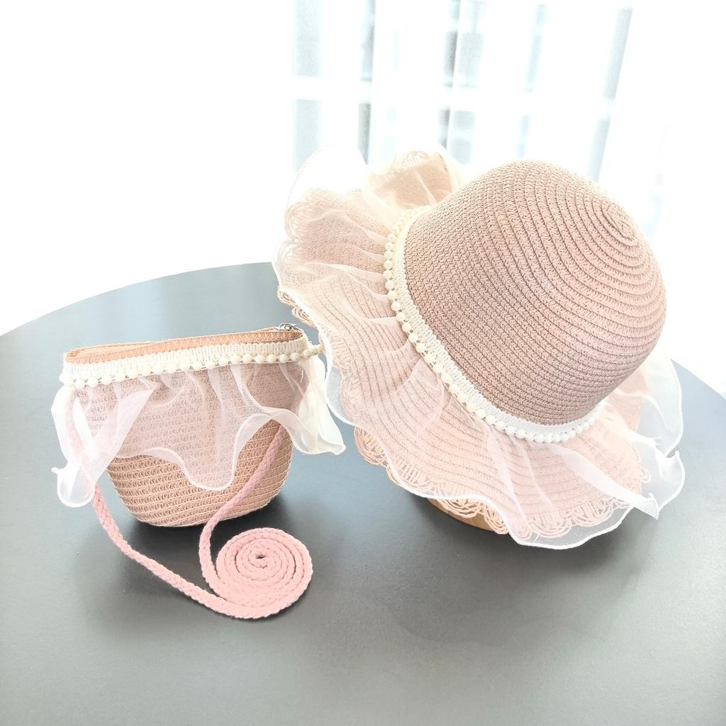 2Pcs Summer Children Beach Hats Crossbody Bag Set Lace Sun Wide Brim Straw Hat Sunshade Fisherman Hat Hat And Shoulder Bag
