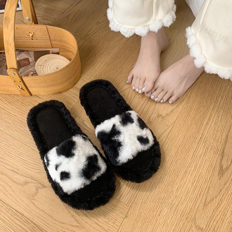 Women's One Word Slippers 2025 Autumn Winter New Cute Lightweight Non Slip Plush Shoes Comfortable Fashion Slip on Flat Slippers