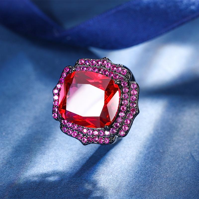 Jewelry Copper Bottom Gold-Plated Simulation Red Corundum Fat Rectangular Black Gold Personalized Set 14 * 16