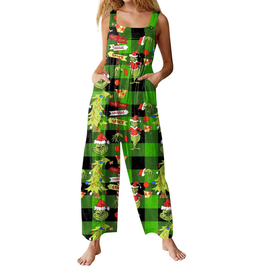 Damen Lässige Overalls Jumpsuits Verstellbare Träger Ärmellos Weihnachtsprint Bequeme Einteiler Mit Tasche