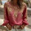 Women Tops Round Neck Long Sleeve 3D Digital Flower Printing Tee Shirt Retro
