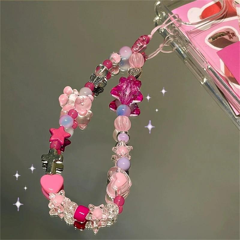 Star Pink Bear Heart Beads Phone Cute Charm Chain Lanyard for IPhone 16 Samsung Accessories Hanging Rope Girl Jewelry