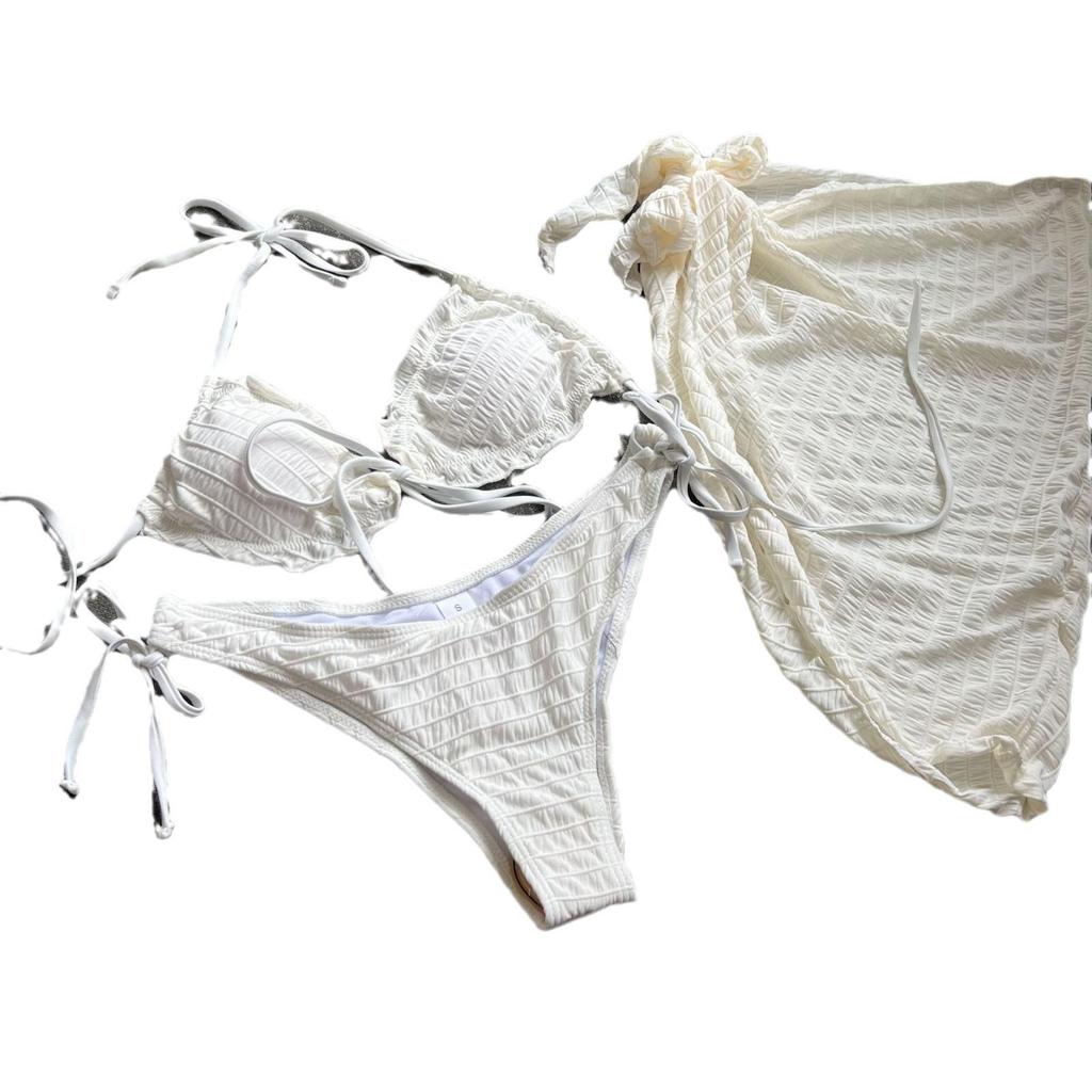 2025 Europäischer & Amerikanischer Plissierter Sexy Badeanzug: Dreiteiliges Bikini-Set