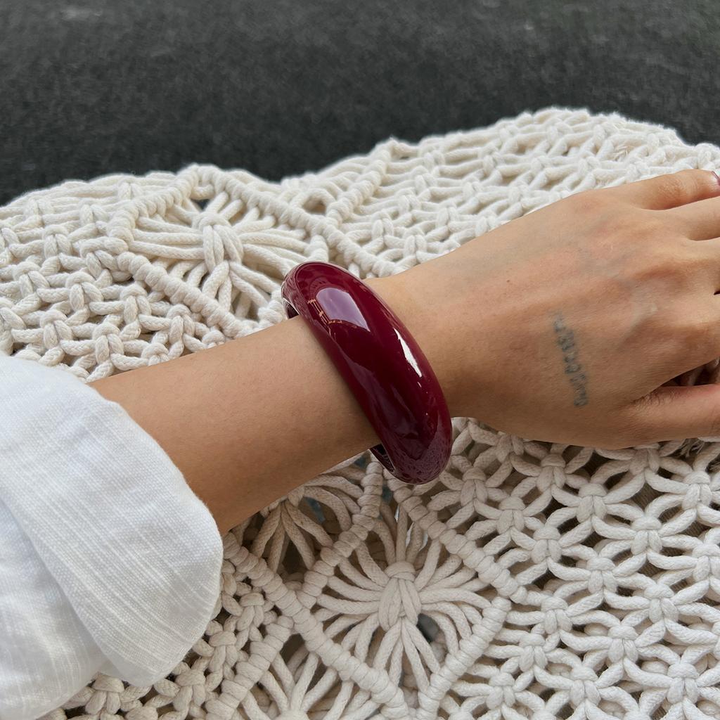 Vintage Hong Kong Style Wine Red Open Bracelet Ins Irregular Shaped Resin Elastic Bracelet