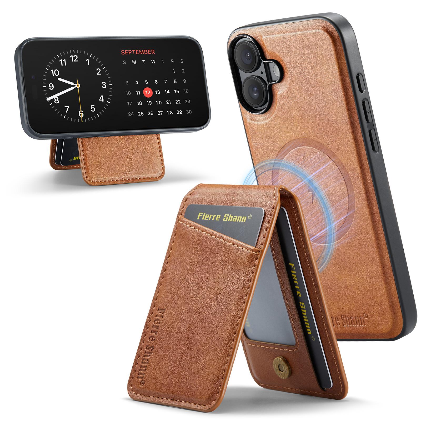 

FIERRE SHANN 025 Style For iPhone 16 Plus Case Leather+TPU Detachable Card Slots Phone Cover Brown