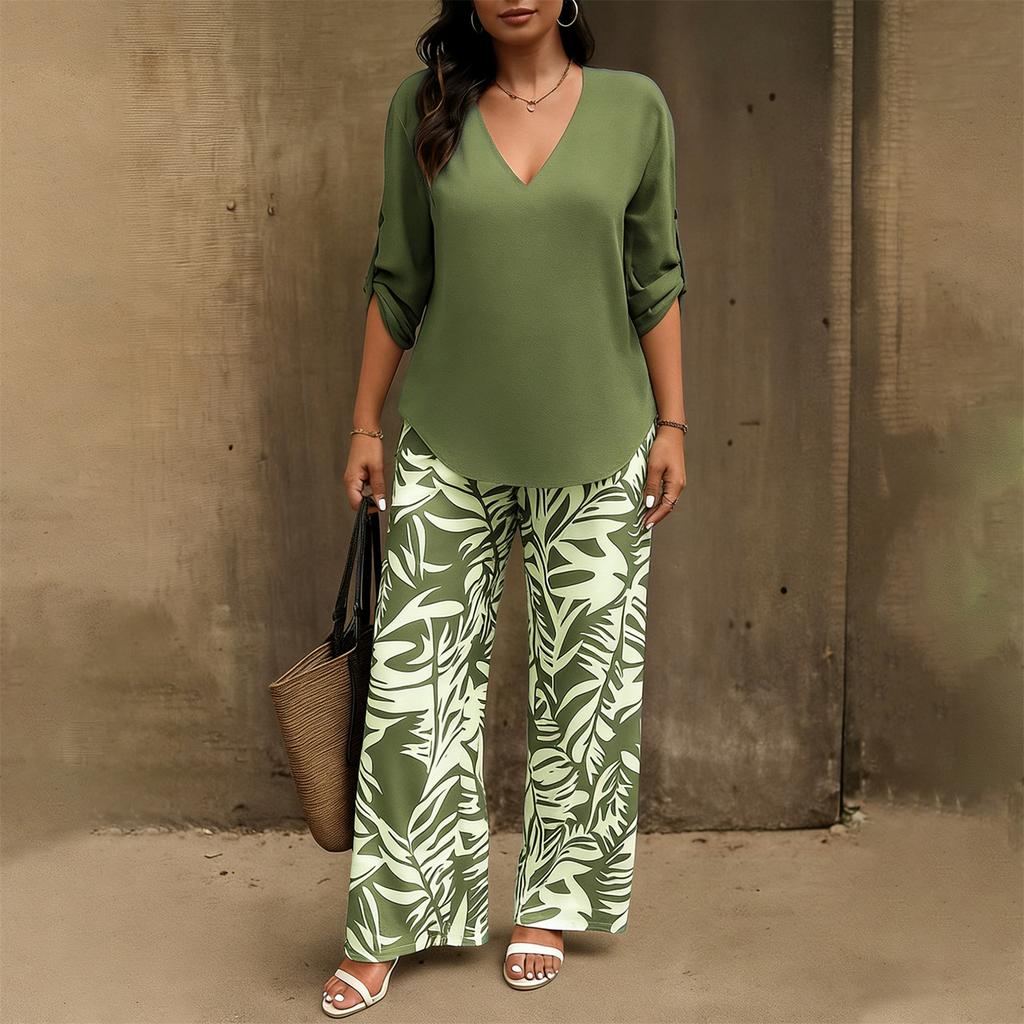 Damen 2-teiliges Mode-Freizeit-Set: Lockerer V-Ausschnitt-Top + Weit geschnittene Hose Loungewear