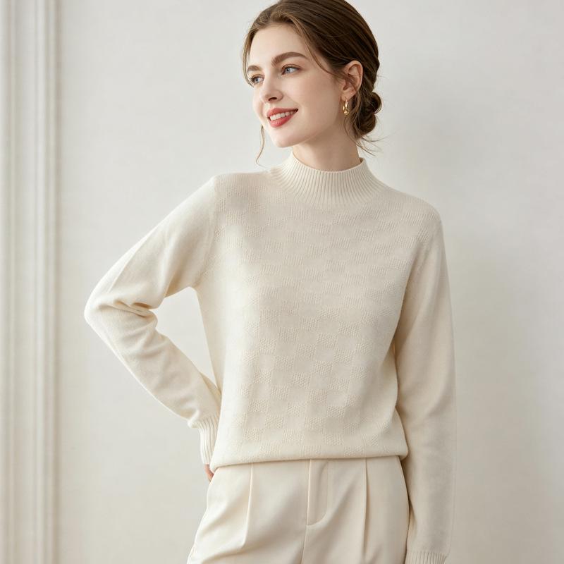 Lekasha Women's High Neck Waffle Knit 100% Pure Cashmere Sweater - Long Sleeve, Autumn/Winter