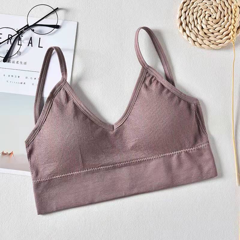 Women's Seamless Vest Lingerie Solid Color Fashion Striped V Neck Crop Top Bra Push Up Bra Comfortable Top