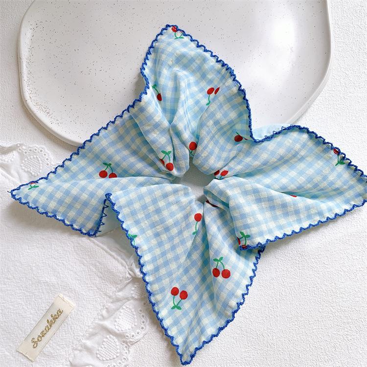 Embroidered Cherry Head Rope White Hollow Fabric Square Scarf Hair Band Large Intestine Headband Sweet Headband Hair Accessory