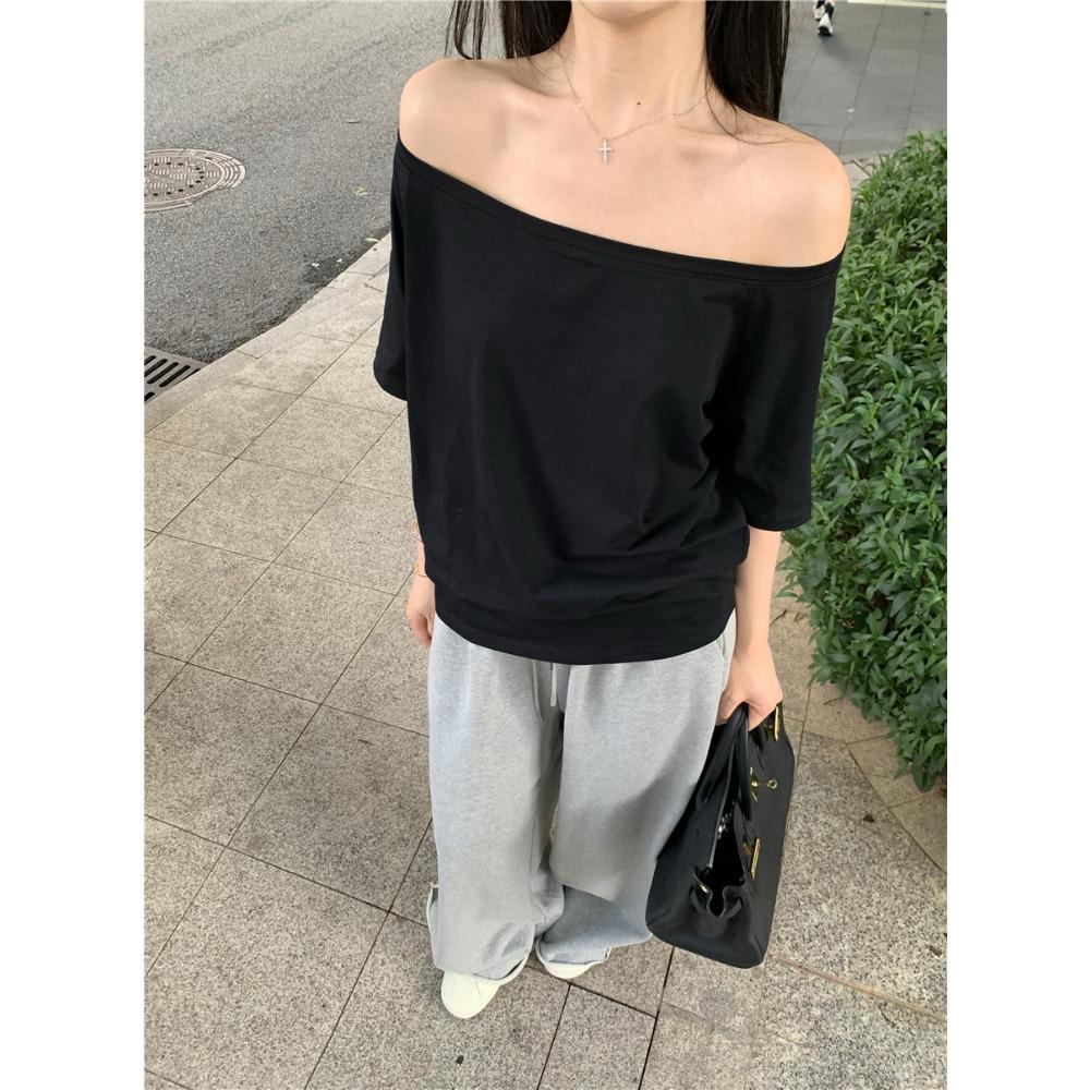 Summer Sloping Shoulder Loose Spicy Girl Short Sleeved T-shirt Casual Irregular Solid Color Fashionable Versatile Comfortable Breathable T-shirt