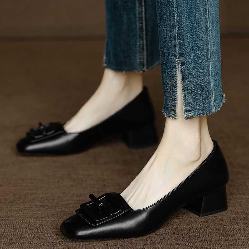 Handmade Leather Retro Style Square Head Shallow Mouth Single Shoes Women's New Spring and Autumn One-pedal Medium Thick Heel Professional Shoes
