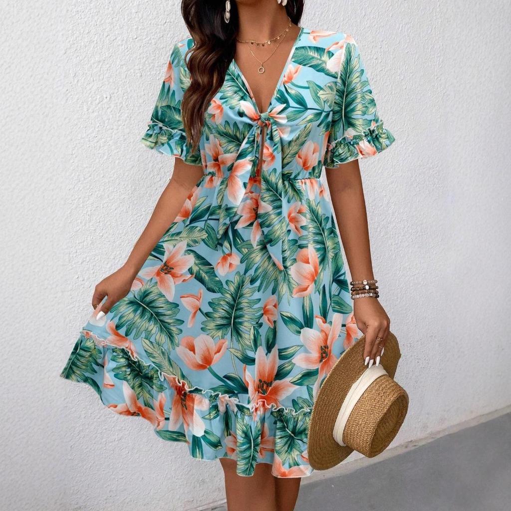 2025 European & American V-neck Floral Print Knee-length Summer Dress