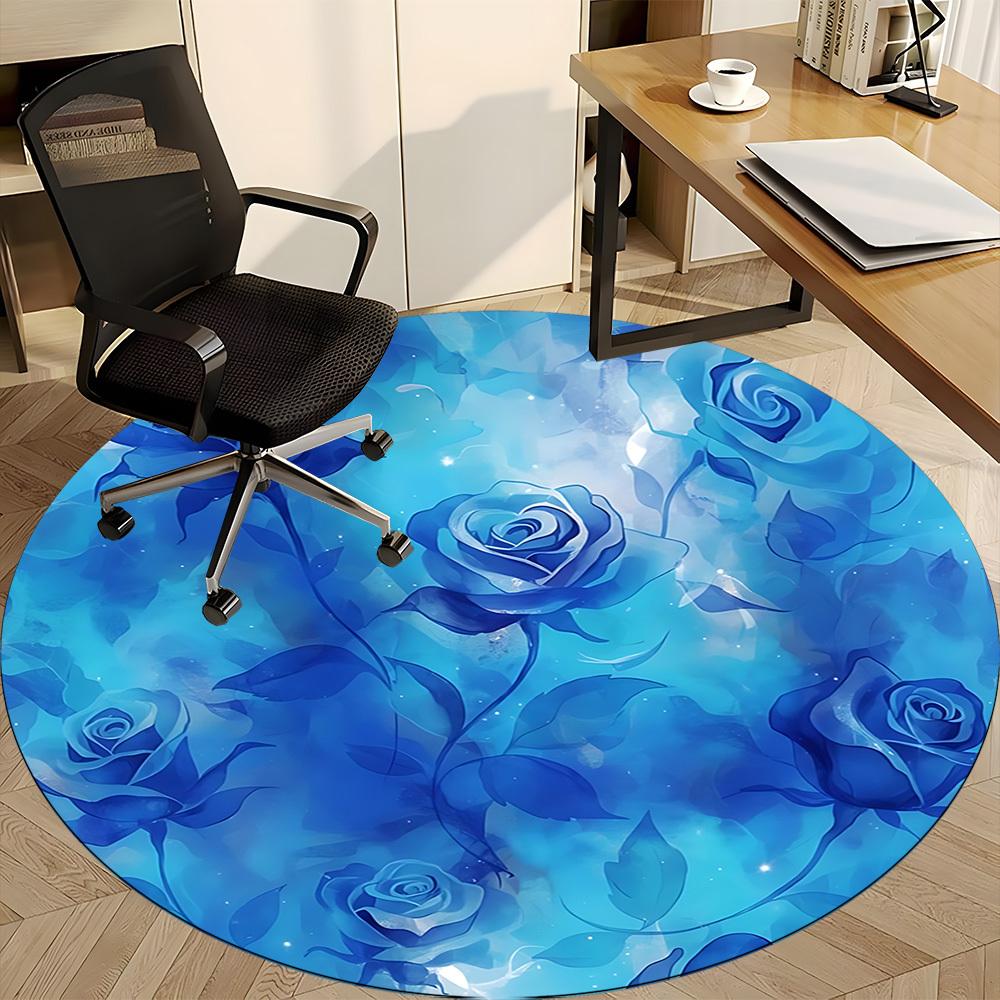 1pc Blue Roses Office Round Rug, Non-slip, Soft and Durable Office Rug for Interior Decoration, Perfect for Office, Beautiful Decoration Yy260324074