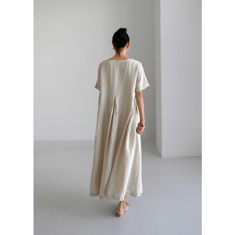 2026 Summer Large Loose Cotton and Hemp Casual Dress Elegant New Round Neck Short Sleeve A-line Dress Female Fashion Solid Color Simple Clothing