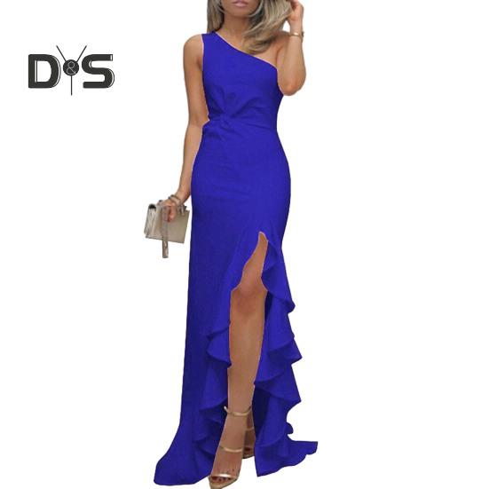 

Женское вечернее платье на одно плечо с разрезом по краю и рюшами, сплошной цвет, приталенный крой, с косой шеей, без рукавов, с открытой спиной, длиной до пола, женское бальное платье макси L синий